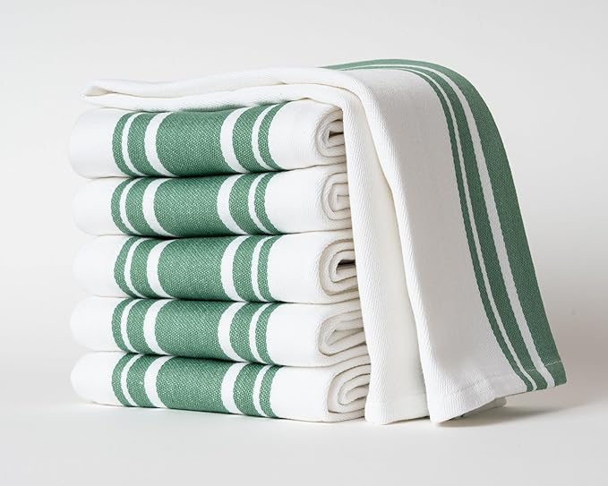 Kitchen Towels Set – Pack of 6 (20’’ x 30’’) Extra Large Premium Cotton Dish Towels for Kitchen – Super Striped Towels – Absorbent – 100% Cotton – with Hanging Loop – Green