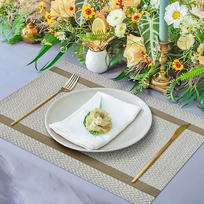 Beige Placemats Set of 4, 12x18 Inch Heat-Resistant Washable Easy to Clean Place Mats, Faux Linen Cloth Table Mats Suitable for Indoor/Outdoor Parties & Kitchen Decor (Beige)