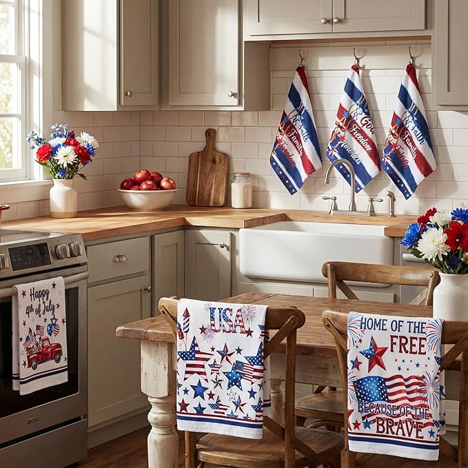 Breling Set of 6 4th of July Kitchen Towels Patriotic Themed Dish Towel Bathroom Decorative Rustic Cloths for Independence Day Kitchen Bathroom Home Cooking Housewarming, 14 x 21 Inch
