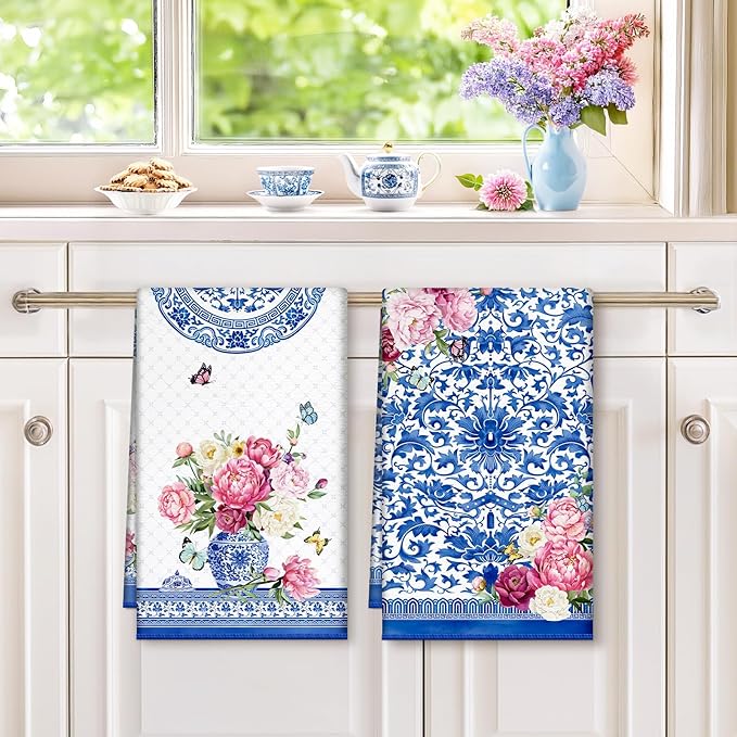 Floral Microfiber Kitchen Towels, Soft Absorbent Hand Towel 15.7 × 23.6 inch, Thick Dish Cloth for Party Anniversary Holiday Decoration, Housewarming Gifts for Mom