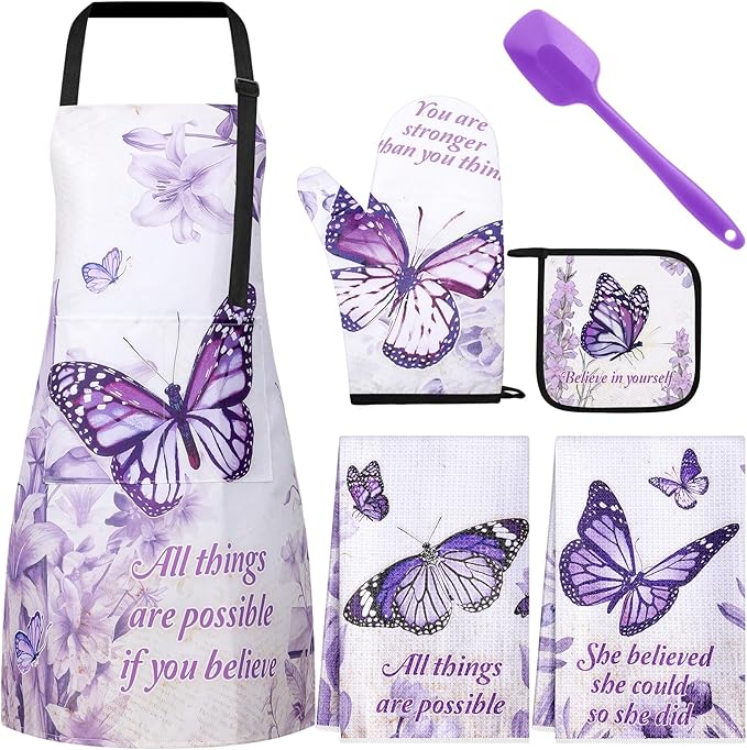 Hoolerry 6 Pcs Purple Kitchen Decor Baking Accessories Religious Cooking Aprons Dish Towels Oven Mitts and Pot Holders Sets with Silicone Spatula for Women Wife Grandma Cooking Baking Gifts