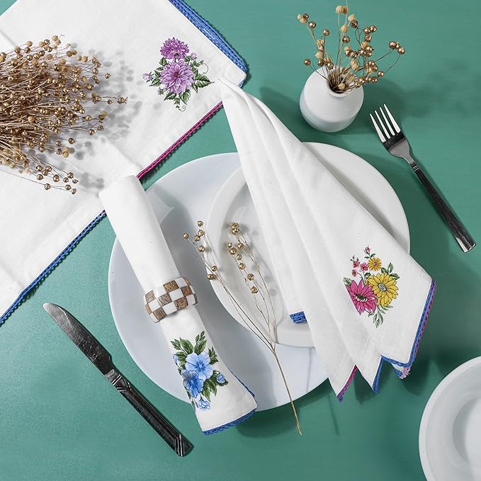 FINGERCRAFT Cloth Napkins, Set of 12 Cotton Linen Blend Printed Dinner Napkins Cloth Mitered Corner Perfect for Parties Dinners Weddings Cocktail Christmas Easter 20x20 Multi Floral