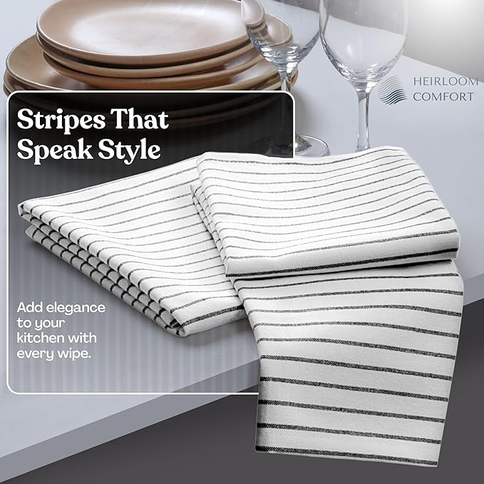 Black Stripe Kitchen Towels (12 Pack), 100% Cotton, Classic Striped Towel Set, Super Absorbent & Durable Dish Cloths, Quick Drying Fabric for Drying Dishes, Everyday Kitchen Cleaning