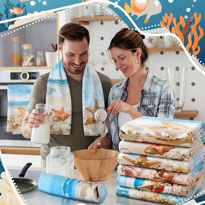Breling Set of 6 Summer Beach Kitchen Towels Coastal Dish Towel Bathroom Decorative Starfish Seashell Cloths for Kitchen Bathroom Home Cooking Housewarming Gifts, 14 x 21 Inch
