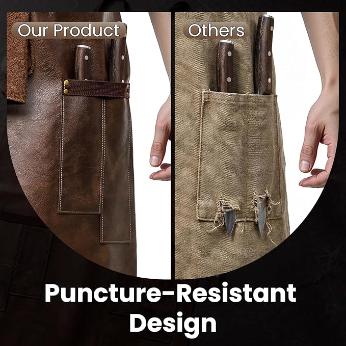 SYOKAMI Leather Chef Cooking Apron for Men, Cross Back Apron for All-Day Comfort, Waterproof Apron with Multiple Pockets, Great for Kitchen, Garden, BBQ, Butcher Work or Crafts, Ideal Gift