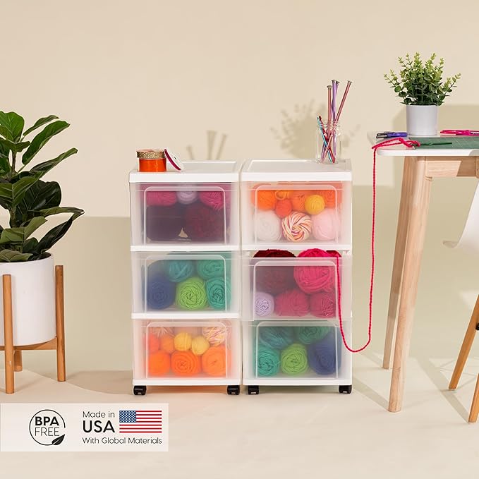 IRIS USA Plastic 3-Drawer Storage Organizer Rolling Cart, with Wheels Casters, 2-Pack, for Classroom Art Supplies Bathroom Dorm Bedroom Laundry Room, Slim Narrow, White/Clear