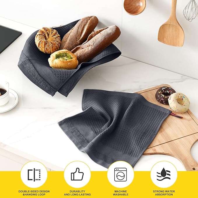 Homaxy Kitchen Towels and Dishcloths Set, 12 x 12 and 13 x 28 Inches, Set of 12 100% Cotton Waffle Weave Kitchen Towels, Super Soft and Absorbent Dish Cloths, Dark Grey