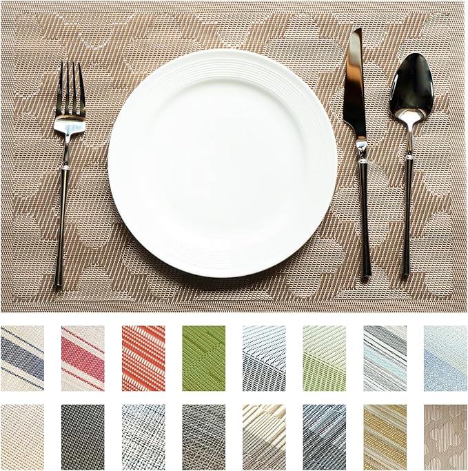 Placemats Set of 12 Vinyl/Plastic Woven Place Mats for Kitchen Table Indoor/Outdoor Washable Placemat Wipeable Dining Table Mats (Dark Brown Clover,12)