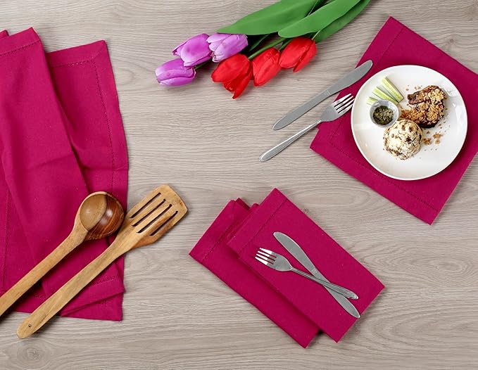 Lightnpro Decorative Cloth Dinner Napkins with Hemstitched, Wedding, Cocktail & Party Napkins, Mitered Corners, Machine Washable, 12 Elegant Table Napkins for Special Occasions - 18x18 Inch Magenta