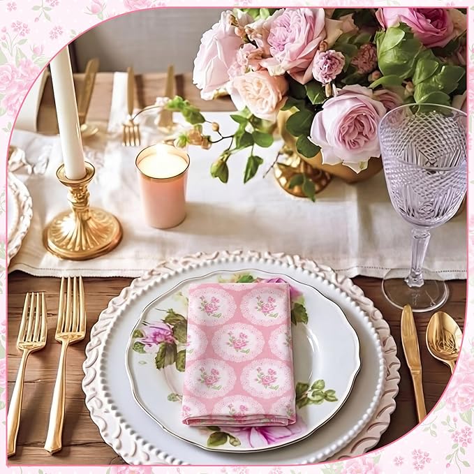 12 Pcs Floral Cloth Napkins 6 Patterns Washable Dinner Tea Party Napkins Reusable Plant Flowers Square Napkin Cotton Towel Decorative for Spring Wildflower Party (Pink Flowers)