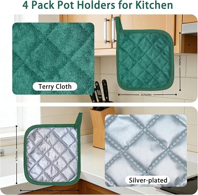 4 Pack Pot Holders for Kitchen Clearance Oven Potholders Sets for Kitchens Hot Pads for Kitchen Countertops Heat Resistant Dark Green