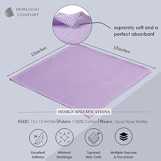 12 Pack Dual Tone Waffle Weave Dish Cloth, 12x12 Inches, 100% Cotton, Reversible, Super Absorbent, Quick Dry, Durable Dishcloth Set, Soft Hand Towels for Cleaning, Lavender