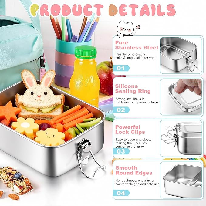 TeamFar Stainless Steel Bento Box, 2 Pack 28oz+47oz Metal Lunch Box with 3 Compartments for Adults Kids, 850ml+1400ML Lunch Food Containers for School/Work/Meal Prep, Leak-Proof & Dishwasher Safe