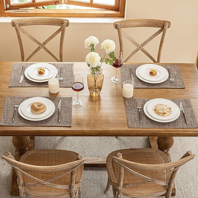 Blue Forest Placemats Set of 6, Dual-Layered Thickened Faux Linen Cloth Place Mats Heat Resistant Machine Washable Wrinkle Free Table Mats Indoor/Outdoor (Cream Beige)