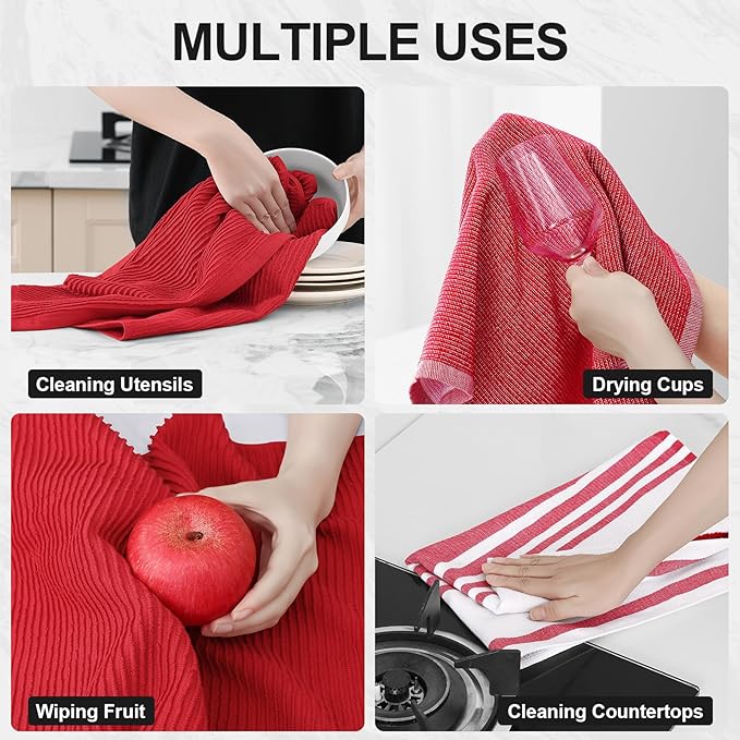 Homaxy Premium Kitchen Towels(18”x 28”, 6 Pack), Large Cotton 380 GSM Kitchen Hand Towels, Soft and Absorbent Terry Dish Towels, Multipurpose Tea Towel Set with Hanging Loop, Red