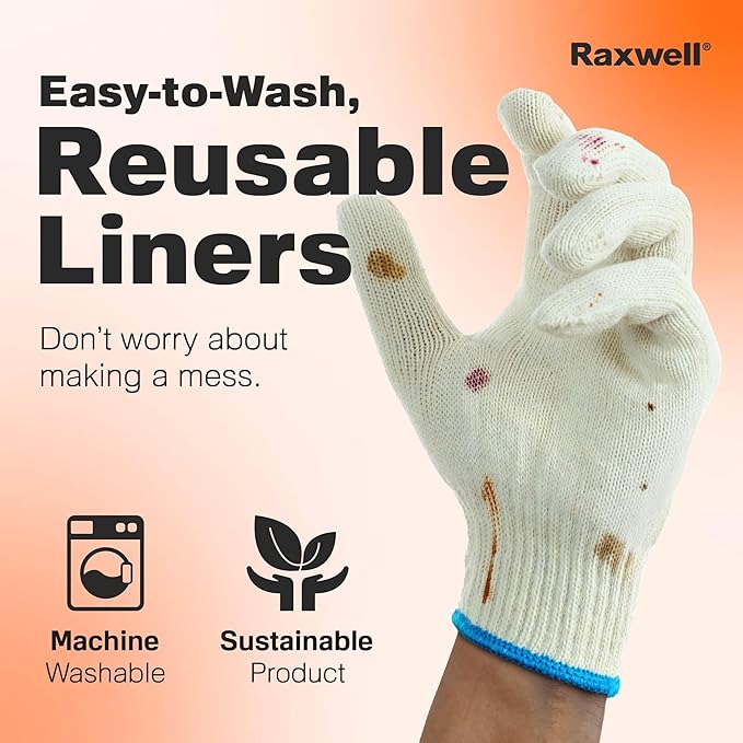 Raxwell BBQ Gloves - Dual-Layer Heat Defense & Heat Gloves for Cooking - Non-Slip Nitrile Handling for Grilling Accessories - Ambidextrous Oven Mitts with Fingers - Large, Black, 6 Cotton Liners