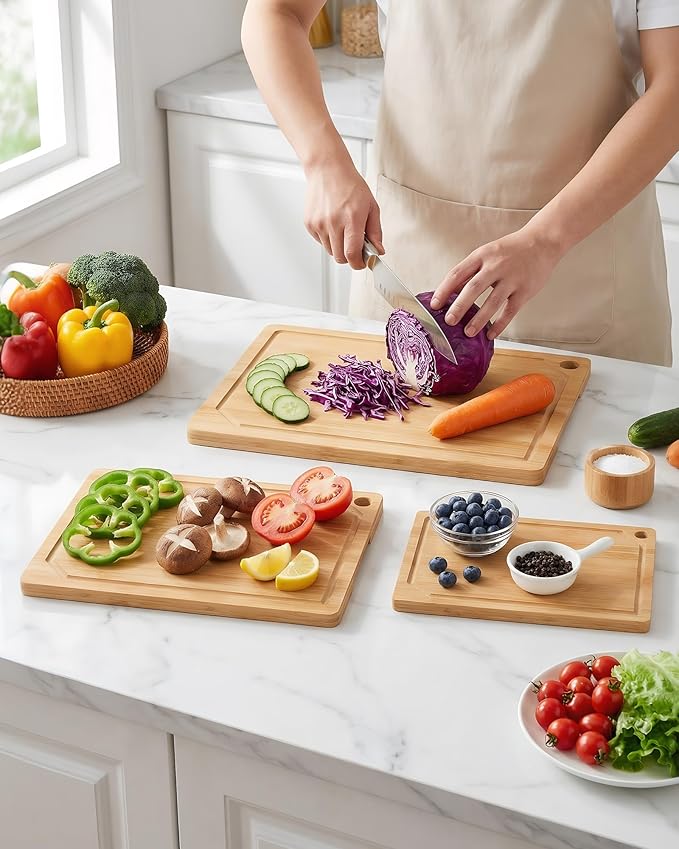 Kitchen Cutting Board Set - 3-Piece Wooden Cutting Boards for Kitchen with Juice Groove, Handles, Hang Holes, Stylish Kitchen Essentials for Chpping & Serving, Natural, 0.4"Th - (L+M+S)