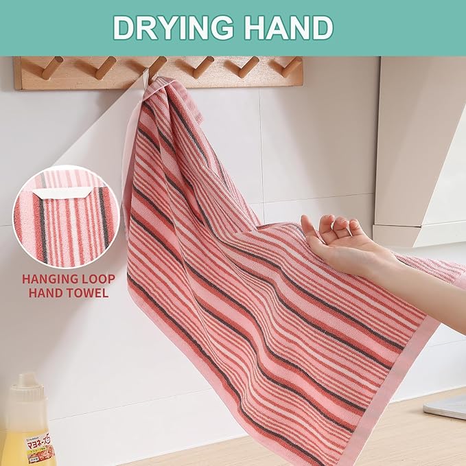 SALAS Kitchen Dish Towels for Drying Dishes, Large Cotton Kitchen Towels, Stripped Terry Dish Cloths, Thick Highly Absorbent Towel Sets with Hanging Loop, 16" X 26", 6 Packs Pink