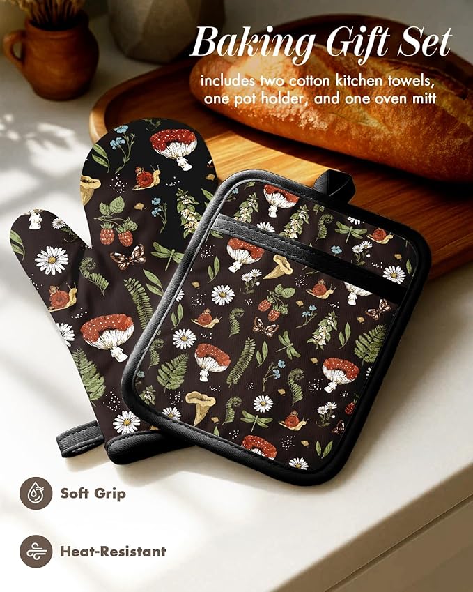 Miss Adola 270 GSM Cotton Kitchen Towels, Oven Mitt and Pot Holder - 4 Pack Kitchen Decor and Accessories Set Cute Farmhouse Boho Quilted Lining Heat Resistant Set with Hanging Loop, Black Mushroom