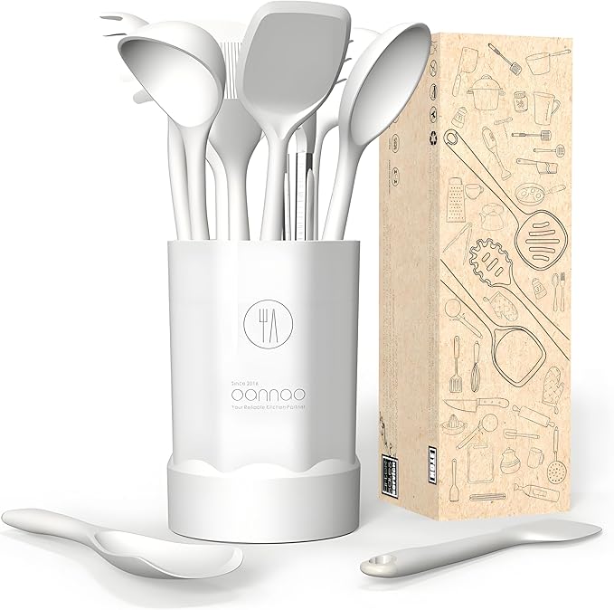 oannao Silicone Kitchen Utensils Set, 600°F Heat Resistant Silicone Cooking Utensils, Spatula, Spoon, Whisk, Tongs, Kitchen Gadgets for Nonstick Cookware, Dishwasher Safe BPA Free (Cream White)