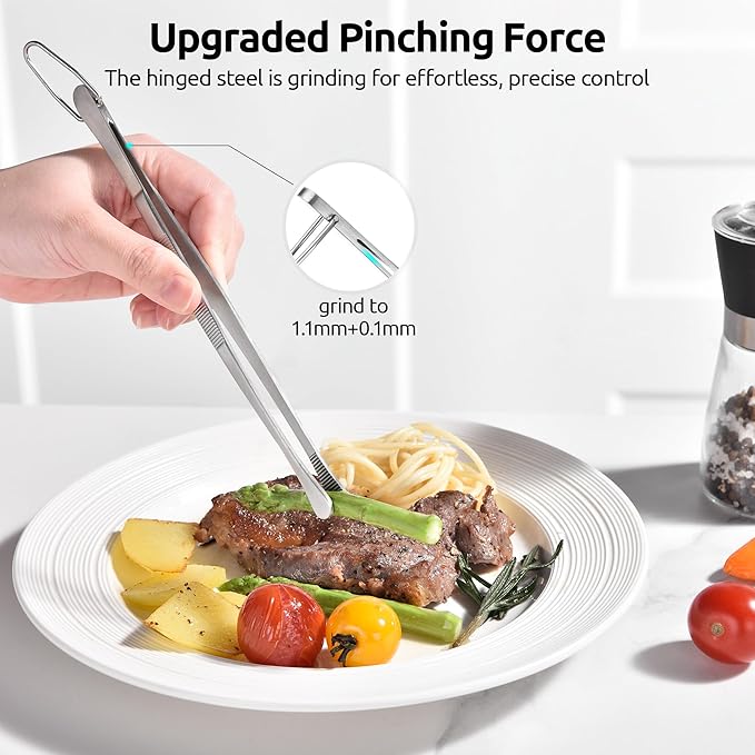 U-Taste 8in Kitchen Plating Tweezer: 18/8 Stainless Steel Food-Grade Metal Food Tong, Seamless-Welding, Sturdy and Flexible with Non-slip Tips for Serving, Decorating, Cooking, Baking (Round Tip)