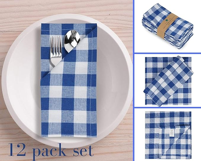 FINGERCRAFT Cloth Napkins, Everyday Use, Premium Quality, Cotton Buffalo Plaid, Set of 12, 20X20 Inch Oversized Napkins Cloth Mitered Corners, Soft, Durable Hotel Quality Blue White Checkered