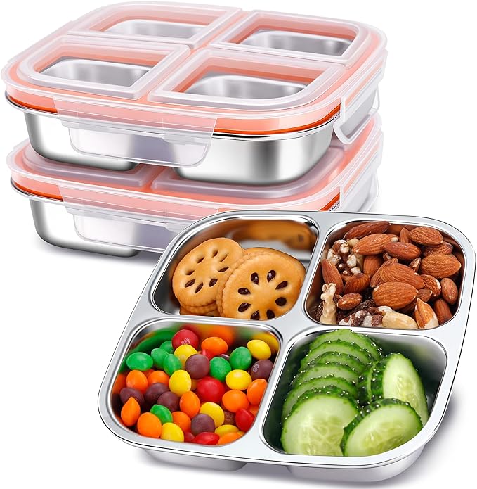 KTKUDY 3 Pack Stainless Steel Snack Containers - Divided Bento Snack Box - 4 Compartment Meal Prep Lunch Containers for Kids Daycare, School, Work, Travel