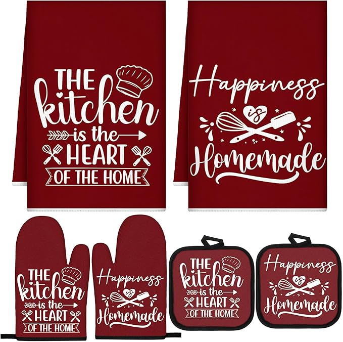 Sratte 6 Pcs Kitchen Decor Accessories Set Farmhouse Towels Pot Holders Oven Mitts Set 2 Dish Towels 2 Potholders 2 Cooking Mittens Oven Glove for Christmas Baking Cooking(Wine Red,Kitchen)