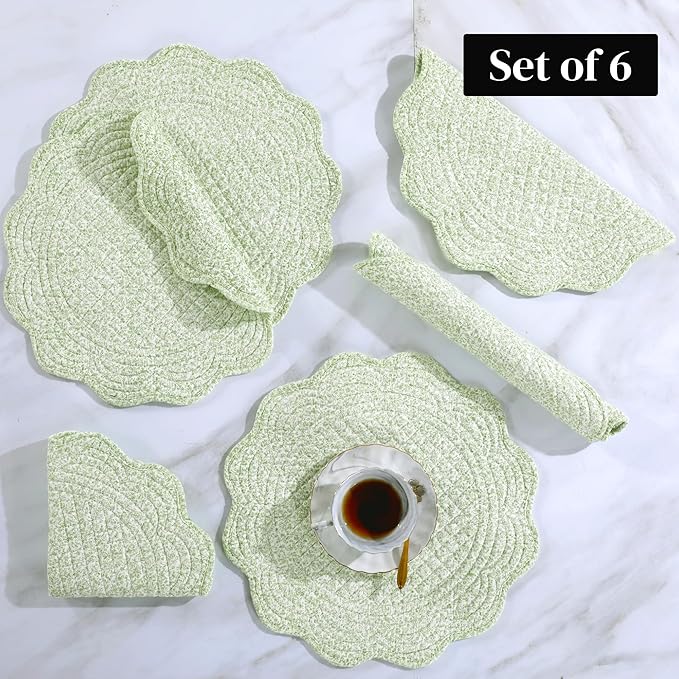 HOMBYS Quilted Placemats Set of 6 Washable Round Placemats for Kitchen Table-100% Cotton Fabric 14 Inch Round Table Mats, Cotton Fabric with Microfiber Filling, (14"x14", White & Green Flower)