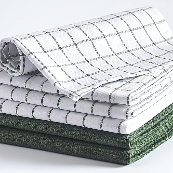Cotton Dish Towels For Kitchen Drying - Highly Absorbent Wide Sage Green Striped Plaid Tea Towels - 18"X28" Set Of 6 Farmhouse Linen Dishtowels In Bulk - Pano De Prato Para Cozinha - T Towles Towls