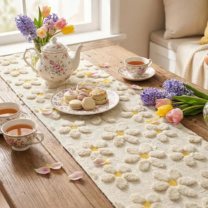 Artoid Mode Beige Soft Plush Faux Fur Jacquard Embroidery Daisy Spring Table Runner, Kitchen Dining Table Decoration for Home Party Decor 13x60 Inch