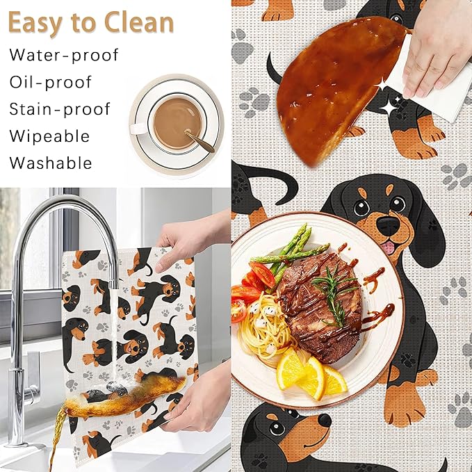 Dog Dachshund Placemats Set of 6, Grey Paws Waterproof Non-Slip Washable Table Mats for Kitchen Dining Holiday Party Wedding Decor 12x18 Inch
