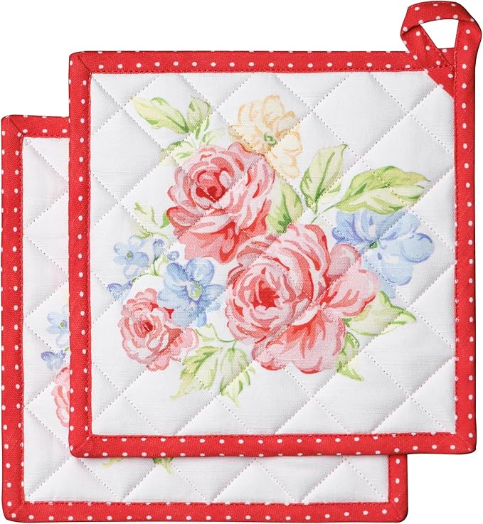 Maison d' Hermine Pot Holders 100% Cotton Heat Resistant Potholders 8" x 8" Hot Pads with Loop BBQ Cooking Baking Gifts for Mothers Day Handling Hot Pans Spring/Summer (Pack of 2, Vintage Floral)