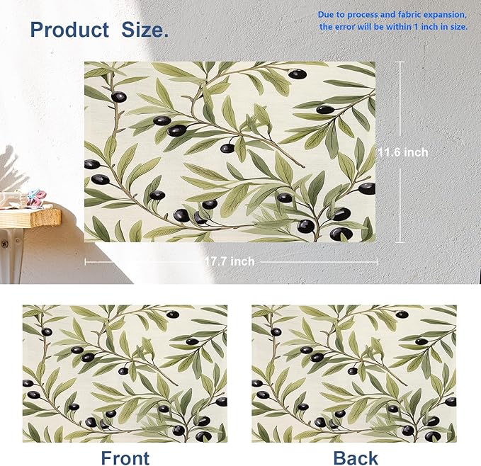 Batmerry Olive Branches Placemats, Leafy Olive Pattern Washable Linen Table Mats for Kitchen Table Double Insulation Decor Dining Set Indoor Outdoor 12X18 in Set of 8