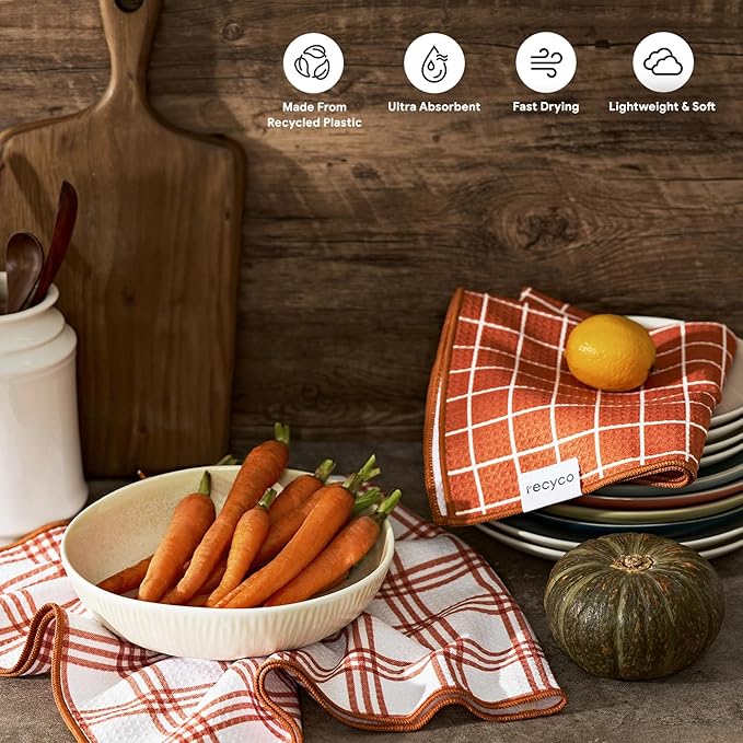RECYCO Waffle Kitchen Towel Set of 2 - Quick Dry Microfiber Sustainable Dish Towels - Ultra Absorbent Reusable Cleaning Tea Towels - Lightweight Hand Towels,16”x 28”, Farmhouse Plaid