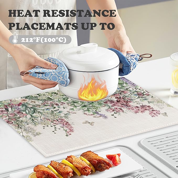 Placemats Set of 6,Wildflower Linen Table Mats Spring Floral Butterfly Heat Resistant Place Mats Washable Dining Table Mats for Indoor Outdoor Kitchen Decor Easy Clean 12 x 18 Inch