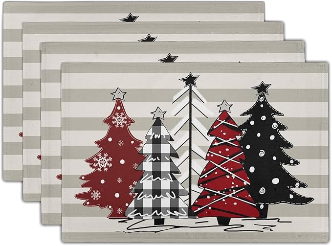 Xmas Tree Placemats Set of 4 Red Black Buffalo Plaid Pine Tree Non-Slip Washable Place Mats Stripe Decoration Table Mats 12 x 18 Inch for Winter Tabletop Holiday Party