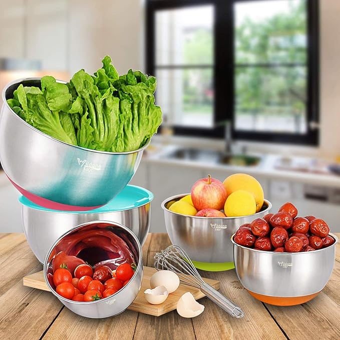 Wildone Mixing Bowls with Airtight Lids Set, 5PCS Stainless Steel Nesting Bowls for Kitchen, with Grater Attachments & Non-Slip Bottoms, Size 5, 3, 2, 1.5, 0.63 QT, for Baking & Serving (Colorful)