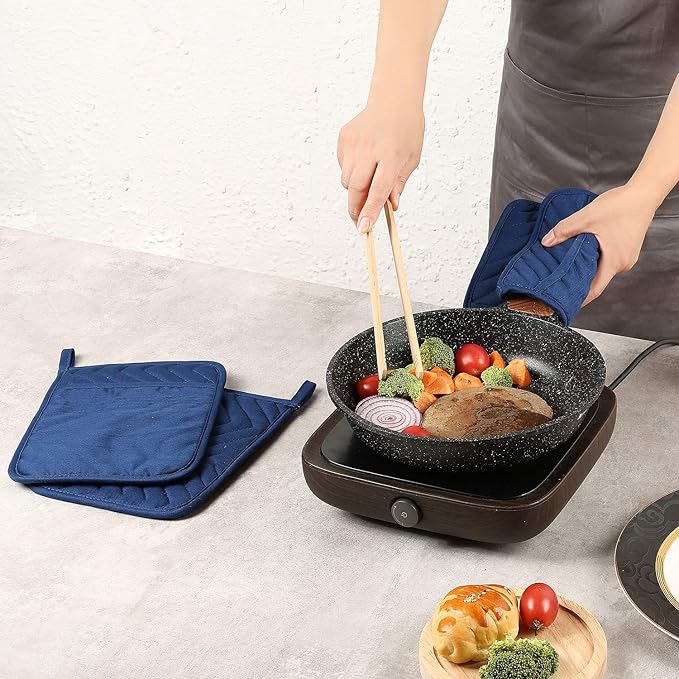 Cotton Pocket Pot Holders Machine Washable Heat Resistant Hot Pads for Kitchen Square Blue Oven Mitts 7"x9" Set of 3