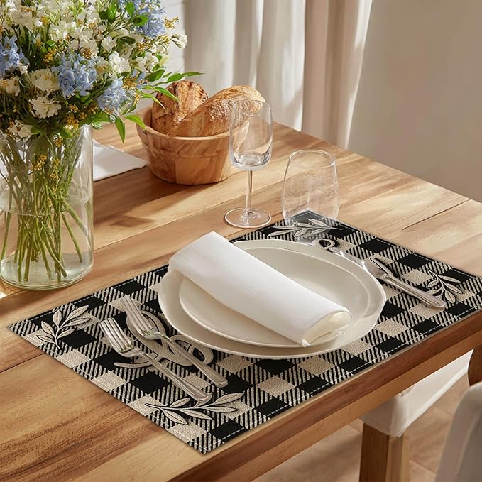 HOMETITUTE Blessed Placemats Set of 4 Linen 12x18 Inch Washable Table Mats Black and White Buffalo Plaid Rustic Farmhouse Place Mats Decorative Kitchen Dining Table Party Holiday Home Decor