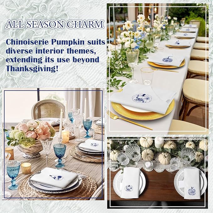 HunnmingRe 12 Pcs Thanksgiving Blue and White Cloth Napkins Chinoiserie Embroidered Pumpkin Cotton Hand Towels Blue Guests Napkin for Dinner Holiday Harvest Weddings Parties Washable 17x17 Inch