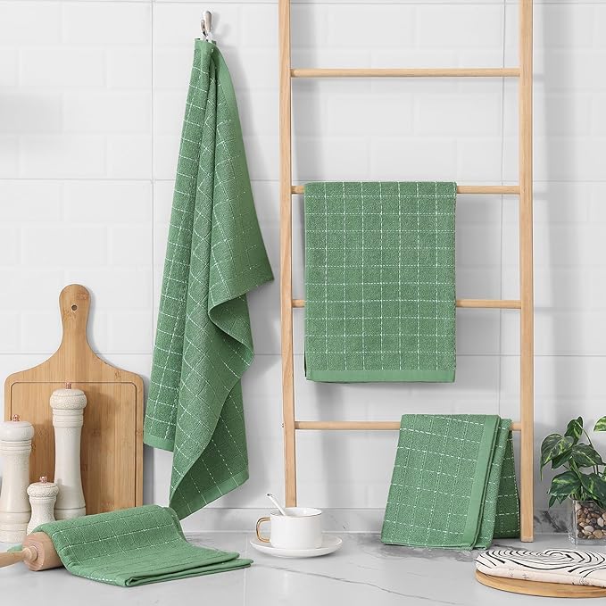 Homaxy 100% Cotton Terry Kitchen Towels(Grass Green, 20 x 28 inches), Checkered Designed, Soft and Super Absorbent Dish Towels, Large 8 Pack