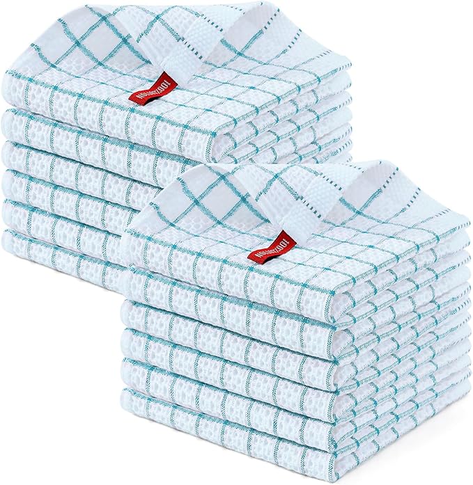 Homaxy 100% Cotton Dish Cloths, 12 Pack-12 X 12 Inches, Check Design Waffle Weave Dish Rags for Washing Dishes, Ultra Absorbent and Fast Drying Dishcloths, Teal