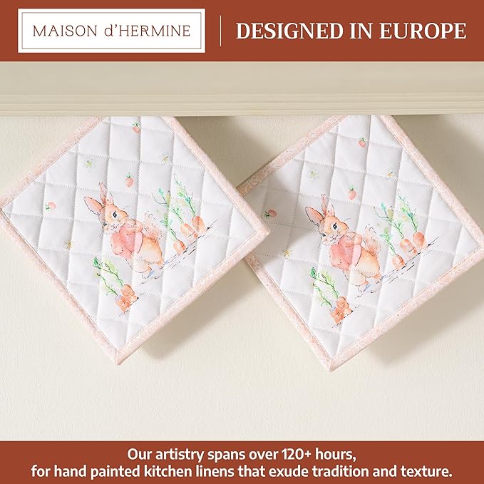 Maison d' Hermine Pot Holders 100% Cotton Heat Resistant Potholders 8" x 8" Hot Pads with Loop BBQ Cooking Baking Gifts for Mothers Day Handling Hot Pans Spring/Summer (Pack of 2, Bunny Party)