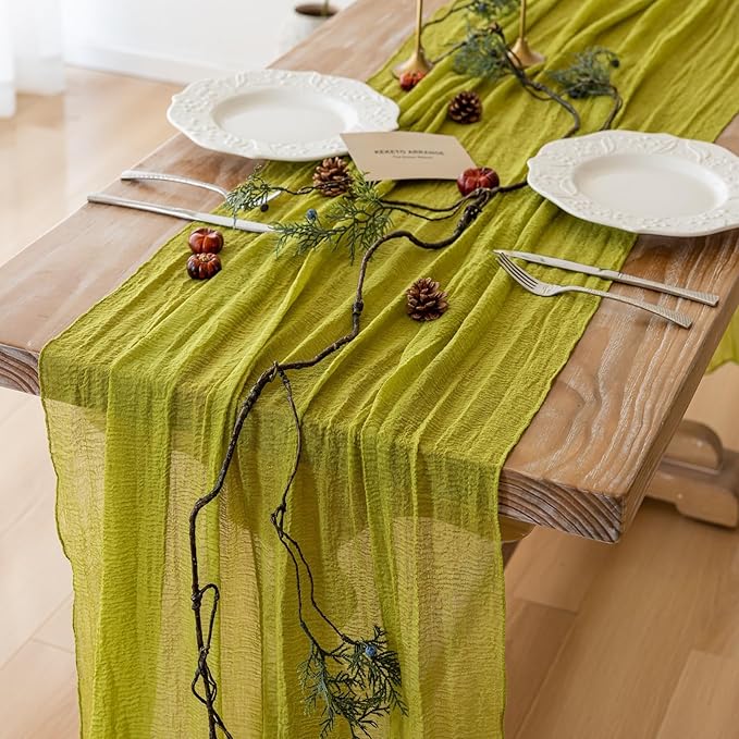 Keketoarrange 6pcs Moss Green Cheesecloth Table Runner Gauze 120 Inch 10 FT Rustic Boho Cheese Cloth Runner for Wedding Baby Shower Bridal Shower Birthday Party Long Sheer Home Decorations