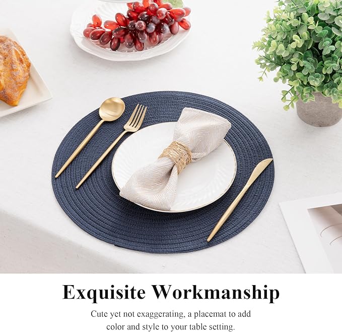 SHACOS 15 inch Round Placemats Set of 12 for Dining Table Braided Circle Place Mats Kitchen Table Placemat Washable Table Mats, Navy Blue