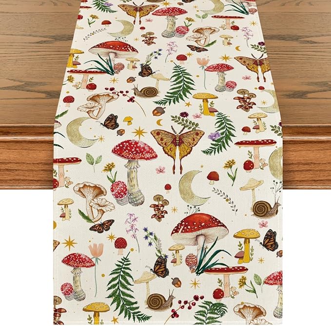 Artoid Mode Beige Modern Mushroom Table Runner, Seasonal Botanic Farmhouse Kitchen Dining Table Decoration for Home Party Decor 13x72 Inch