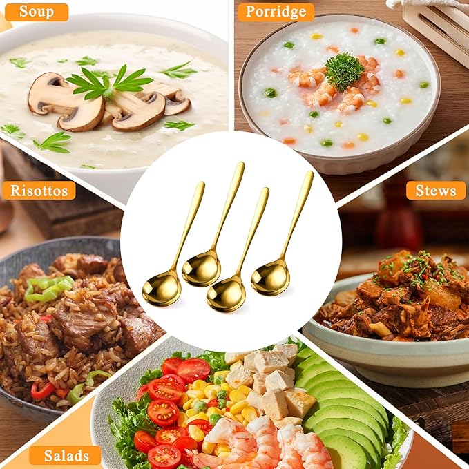 4 Pack Gold Gravy Ladles, SUS 304 Stainless Steel Sauce ladles, 8-Inch Small Soup Ladles Serving Ladle for Cooking - Dishwasher Safe
