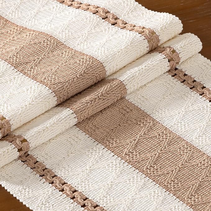 DeZerlor Boho Macrame Table Runner Spring Easter Farmhouse Woven Table Runner with Tassels 90 Inches Ivory& Khaki Cotton Linen Kitchen Table Decor for Dining Dresser Home Tea Table Decor