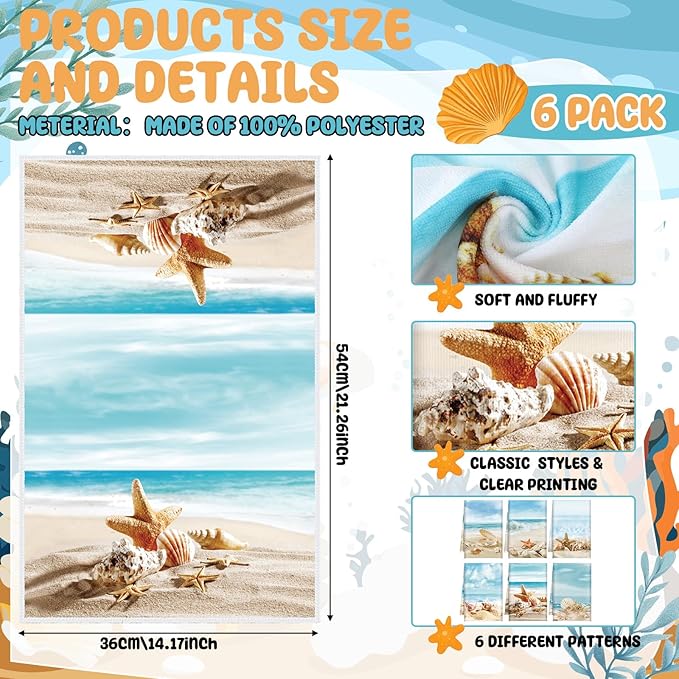 Breling Set of 6 Summer Beach Kitchen Towels Coastal Dish Towel Bathroom Decorative Starfish Seashell Cloths for Kitchen Bathroom Home Cooking Housewarming Gifts, 14 x 21 Inch